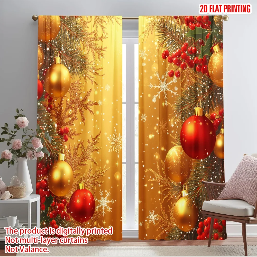 2pcs,2D plane printing Creative Curtains Christmas Tree Ornaments Festive Snowflakes Versatile Polyester Fabric (without rod)