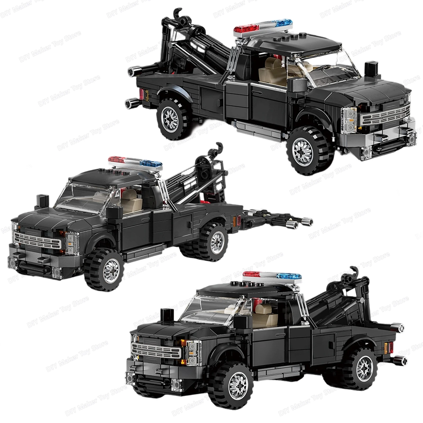 

Набор строительных блоков 594 детали: Тяжелый эвакуатор, высококачественный пикап, прицеп, полицейская машина. Декор для стола, головоломка, игрушка, подарок.