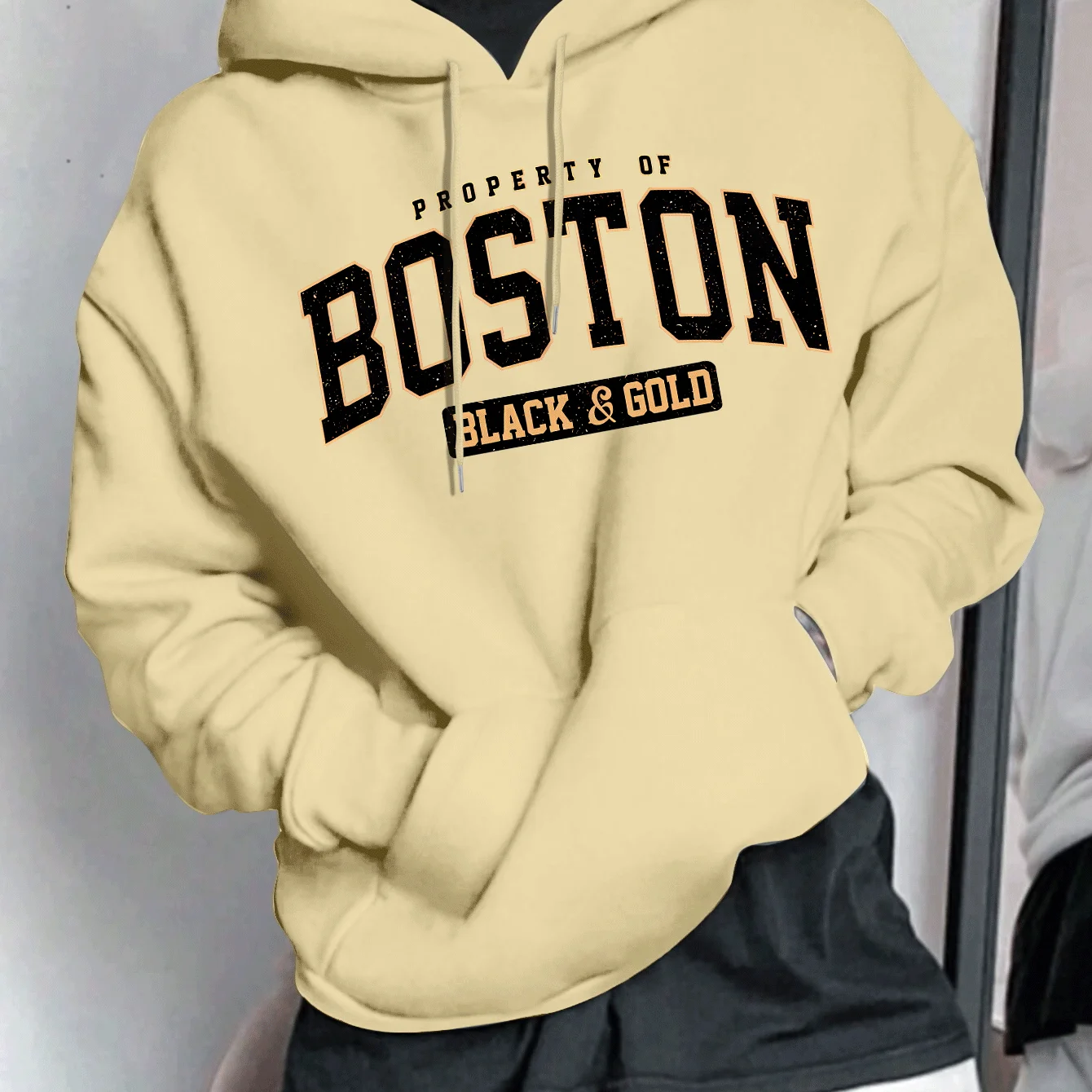 Men's Spring-Autumn Casual Warmth-Relaxing Loose Fashion Boston Letter Patterned Printed Long-Sleeved Round-Neck Hooded Shirt