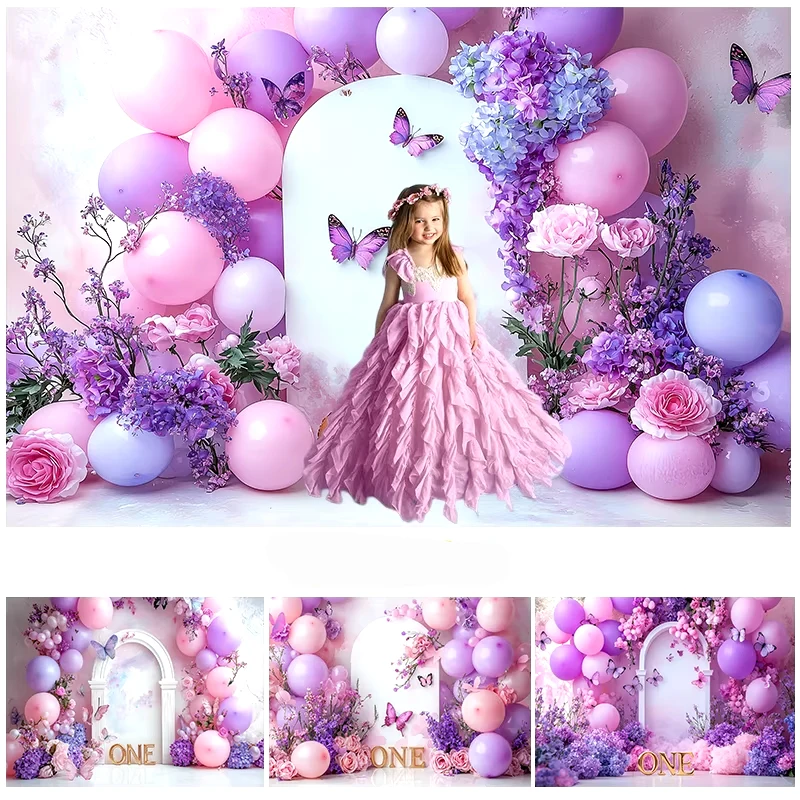 

LS Spring Photography Background Purple Balloons Butterfly Wonderland Girl Birthday Party Cake Smash Decor Photo Backdrop Studio