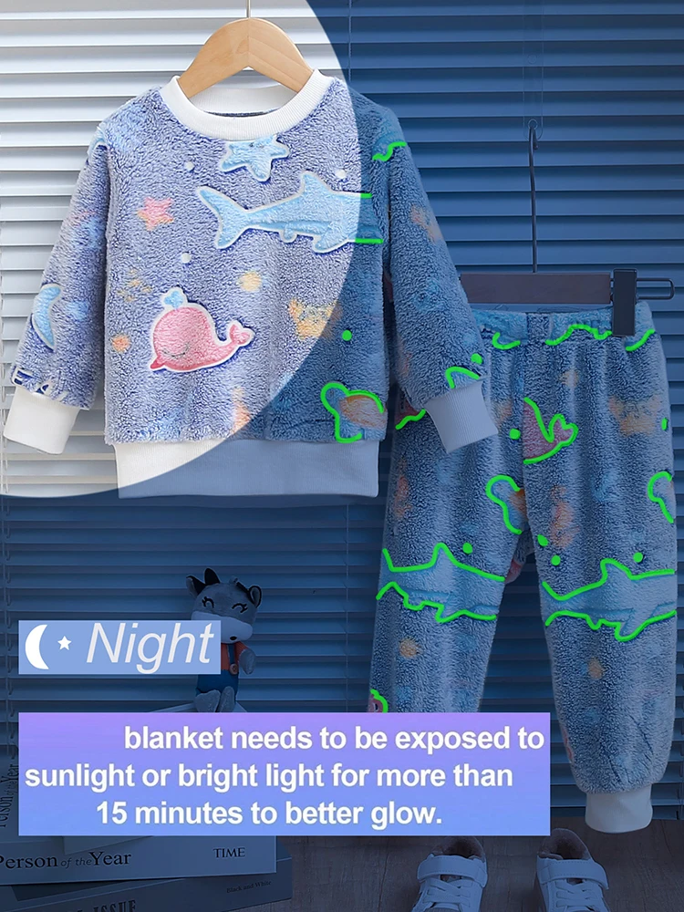 2pcs baby boy autumn and winter night light pattern plush thick long sleeved shirt and pants for comfort Chid Accessories