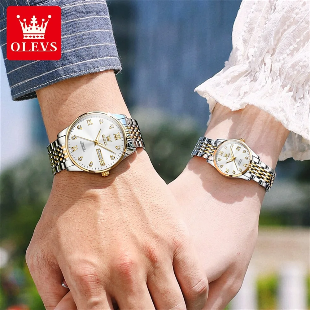 OLEVS 6673 Automatic Mechanical Watch Top Luxury Brand Diamond Men's and Women's Calendar Waterproof Watch His or Her Watch Set