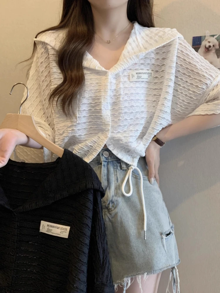 

Oversized Hooded Blouses Solid Color Draw String Hollow Out Crop Tops Short Sleeve Shirts Casual Loose All Match Women Clothing