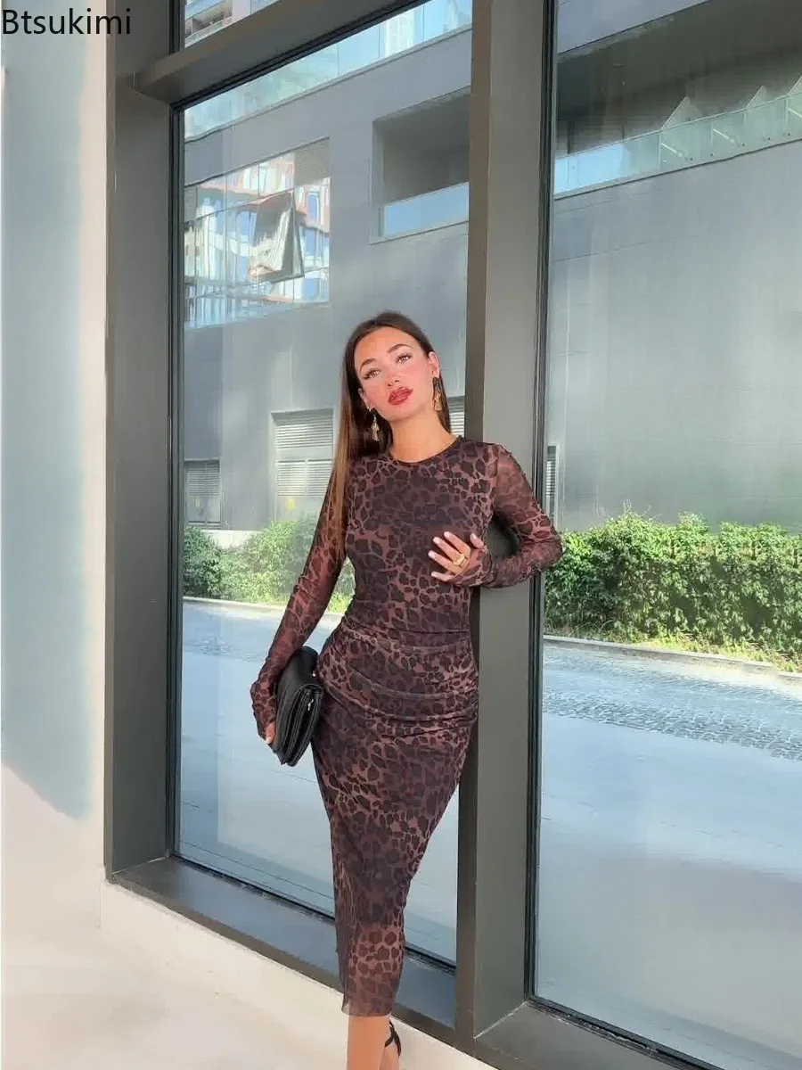 Primavera novas mulheres temperamento o pescoço leopardo impressão midi vestido moda manga longa sexy bodycon vestido senhoras festa clube streetwear