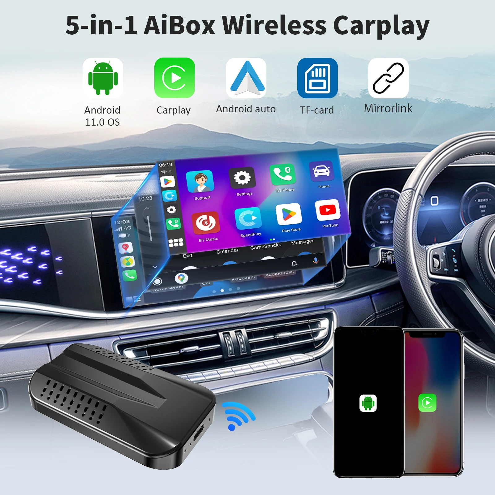 

Leranda Carplay Ai BOX C9 Wired To Wireless Connection 5 in1 Adapter Carplay&Android Auto&Mirror Projection With Netflix Youtube