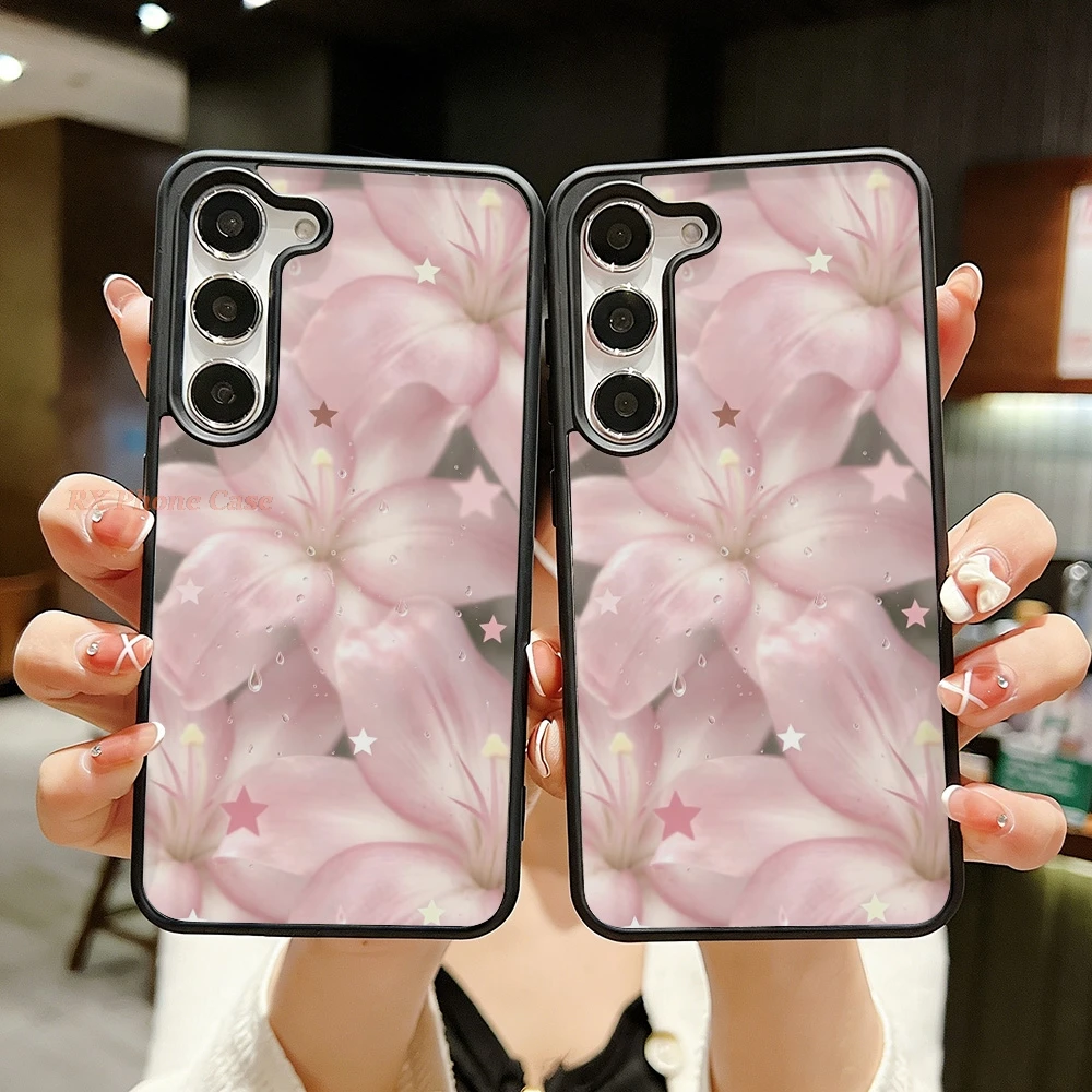 Romantic Soft Pink Lily Flower Star Phone Case For Samsung S26 Ultra S25 Ultra A56 A57 S24 FE A37 A18 A36 Acrylic With Lanyard