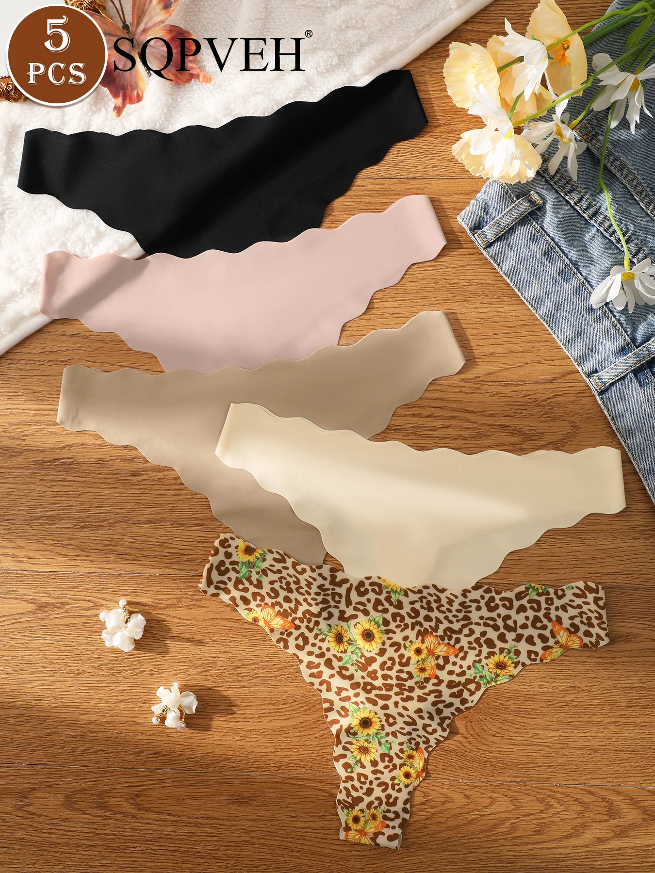 5PCS Heart Hollow Scalloped V-Waist Thongs for Women Seamless No Show Soft Underwear Solid Sunflower Leopard Print