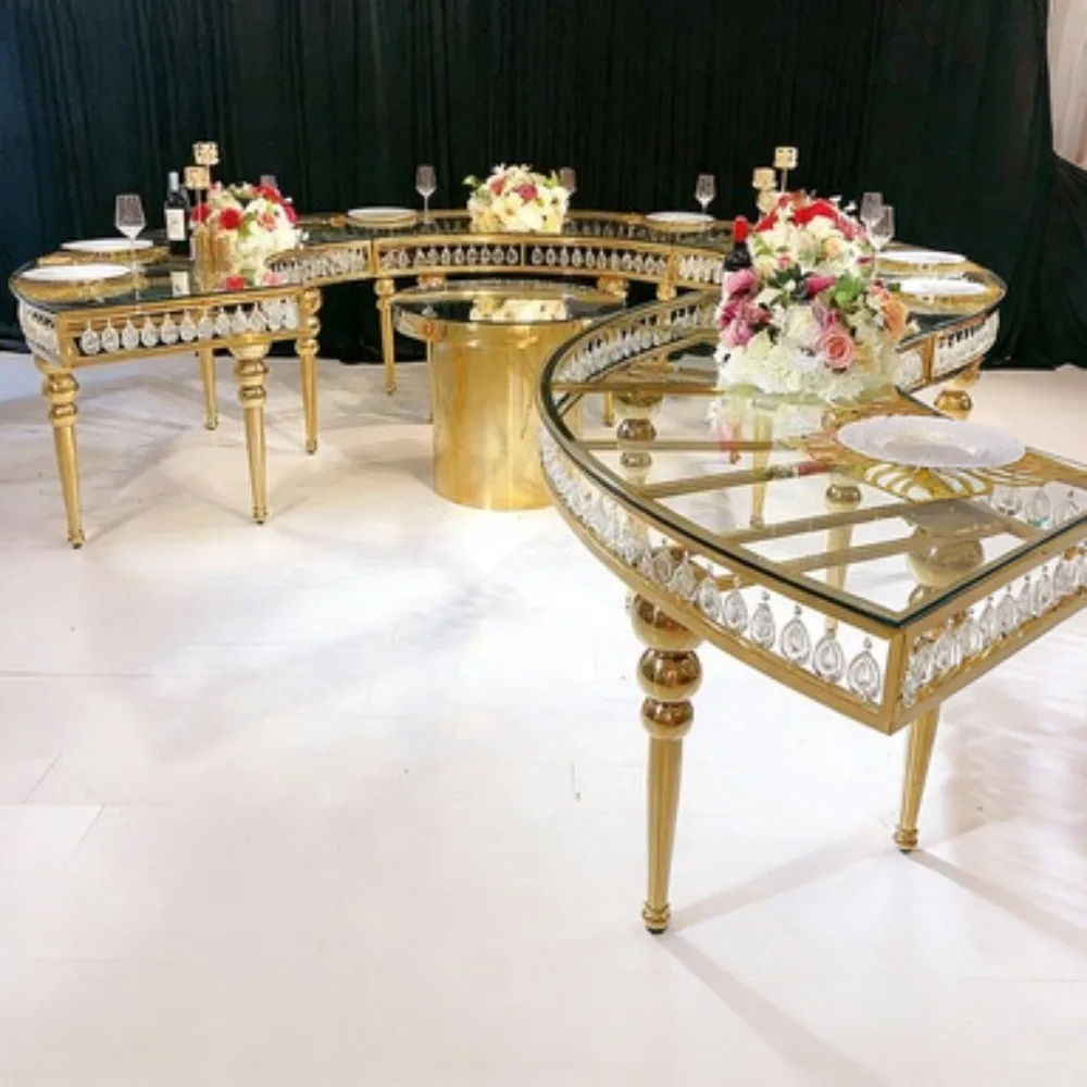 Luxury Gold Stainless Steel Wedding Dining Table | Glass Top Event Banquet Table for Hotel, Party & Event Decoration