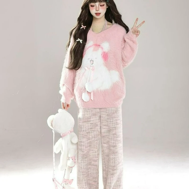 

New Fashion Outfit Cute Furry Top Autumn Winter Lazy Style Soft Sticky Hanging Neck V Collar Mink Fur Student Sweater for Women