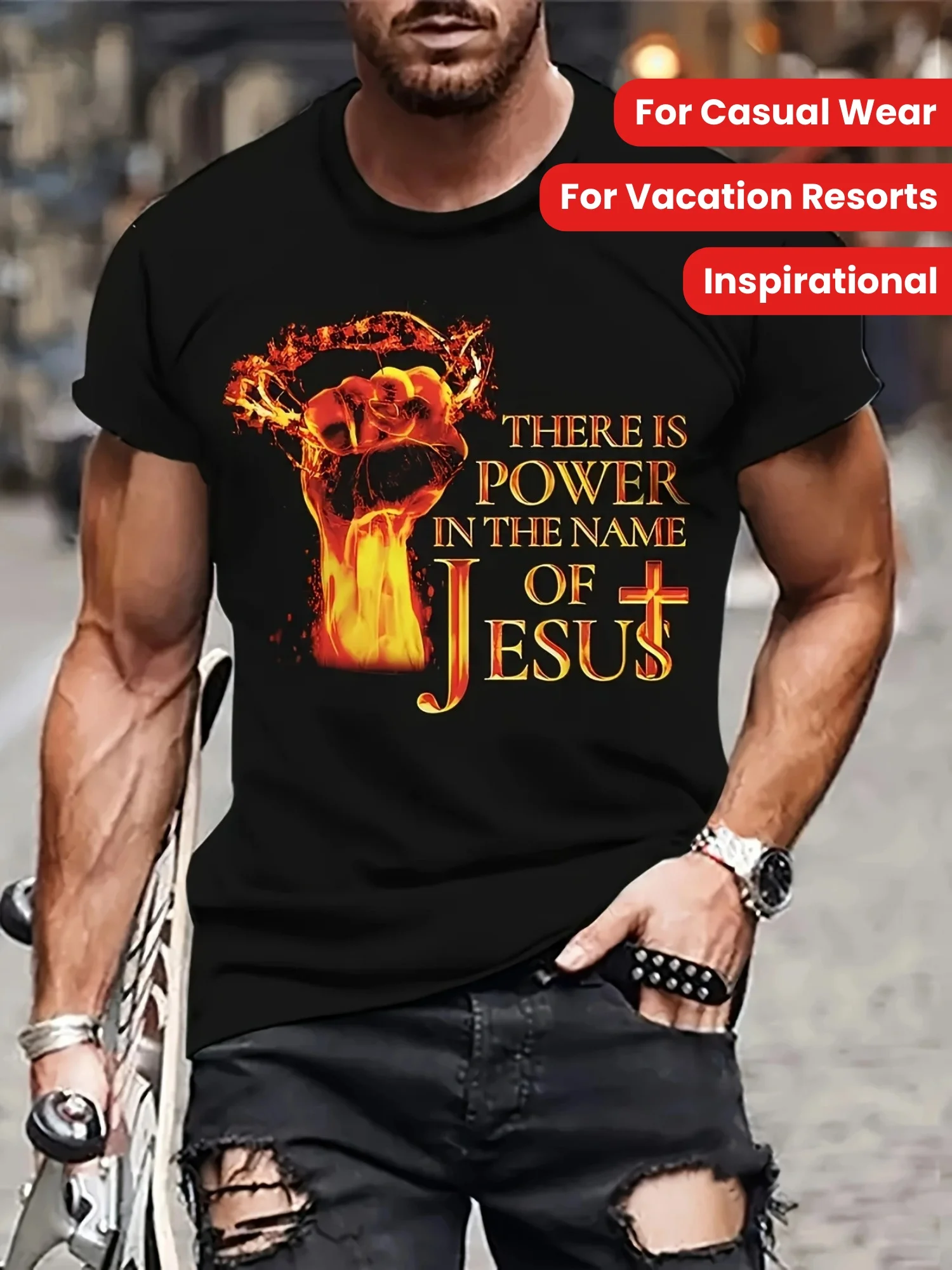 

[Men's Inspirational T-Shirt] Cotton Men's "Power in the Name of Jesus" Graphic T-Shirt | Black Crew Neck