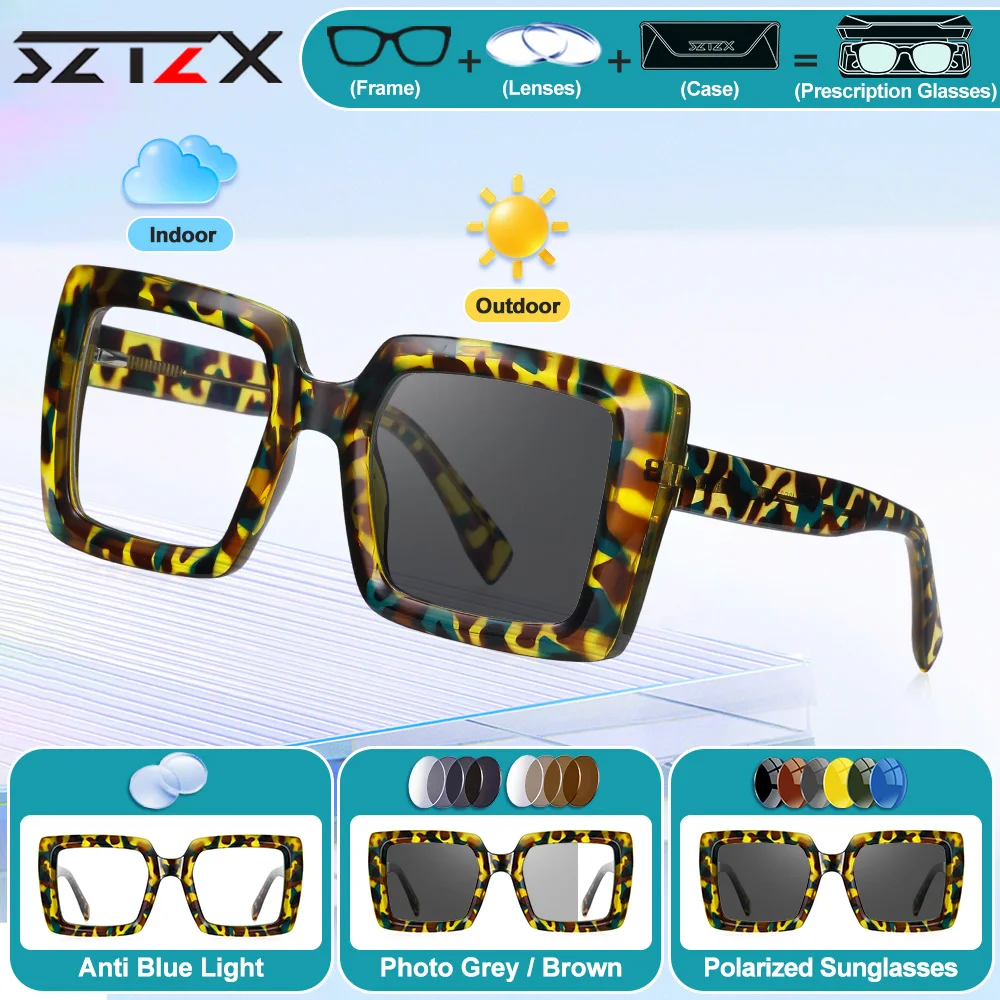 

SZTZX Trendy Square Photochromic Prescription Myopia Glasses High Quality Blue Light Filter Progressive Reading Eyeglasses Women