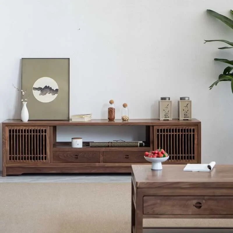 For Living Room New Chinese Black Walnut Solid Wood Coffee Table TV Cabinet Combination Wall Floor Audio Visual Cabinet