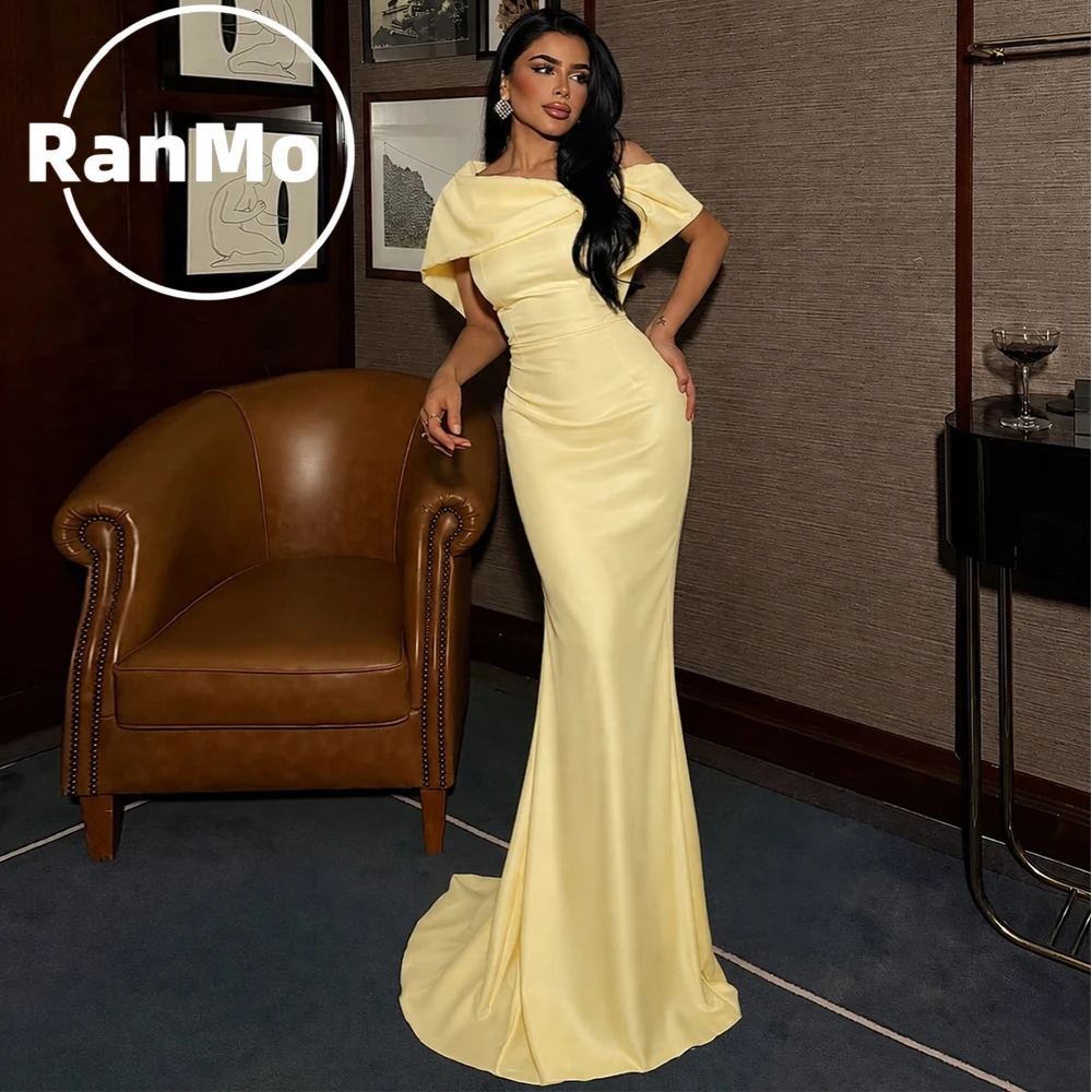 Ranmo Customized Light Yellow Satin Mermaid Evening Dress Off Shoulder Pleated Formal Prom Gown Elegant Wedding Party Dress
