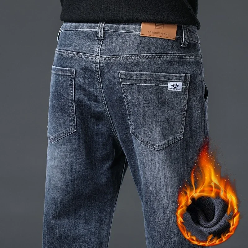 

Зимние прямые деловые мужские флисовые джинсы, теплые плюшевые повседневные толстые удобные джинсовые брюки, модные винтажные бархатные брюки