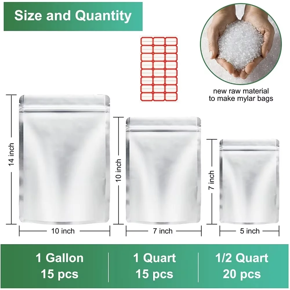 50 Pcs Mylar Bags for Food Storage Zipper Lock Stand-Up Ziplock Resealable Bags for Grains Beans Dry Food and Household Storages