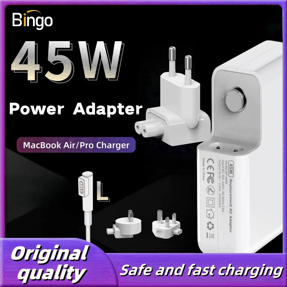 

45W Magsafe 1 L Magnetic Charging Power Adapter for MacBook Air/Pro Series：A1369，A1370，A1374，A1244，A1269，A1270，A1274，A1237，A1304