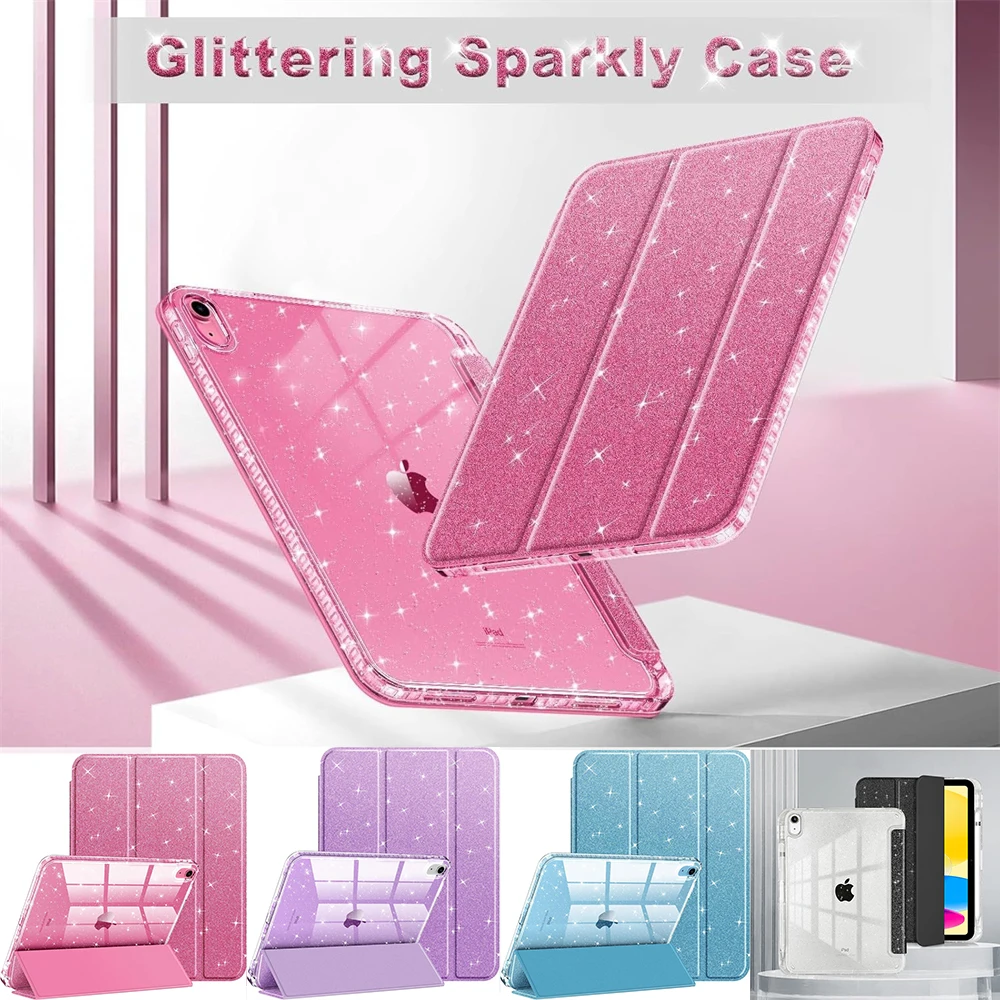 For iPad 11 inch A16 2025 Case with Pencil Holder Glittering Sparkly Tri-fold Stand Protective Cover for iPad 10 11th Generation