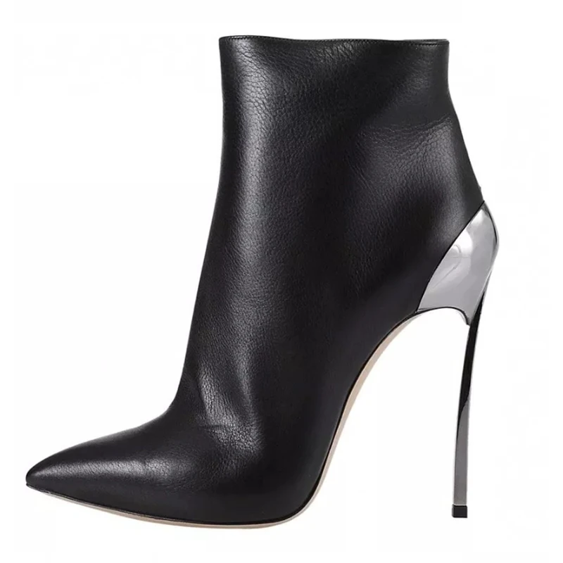 

Fashion Blade Heels Ankle Boots Black Leather Leopard Pointed Toe Zipper Silver Metal Stiletto High Heels Women Short Booties