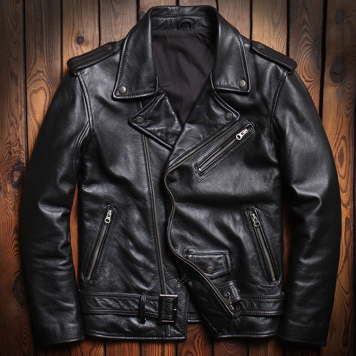 

Men's Faionable ort Leather Jaet Top Layer Cowhide Genuine Leather Biker Sle Stand Collar Slim Fit Casual Coat