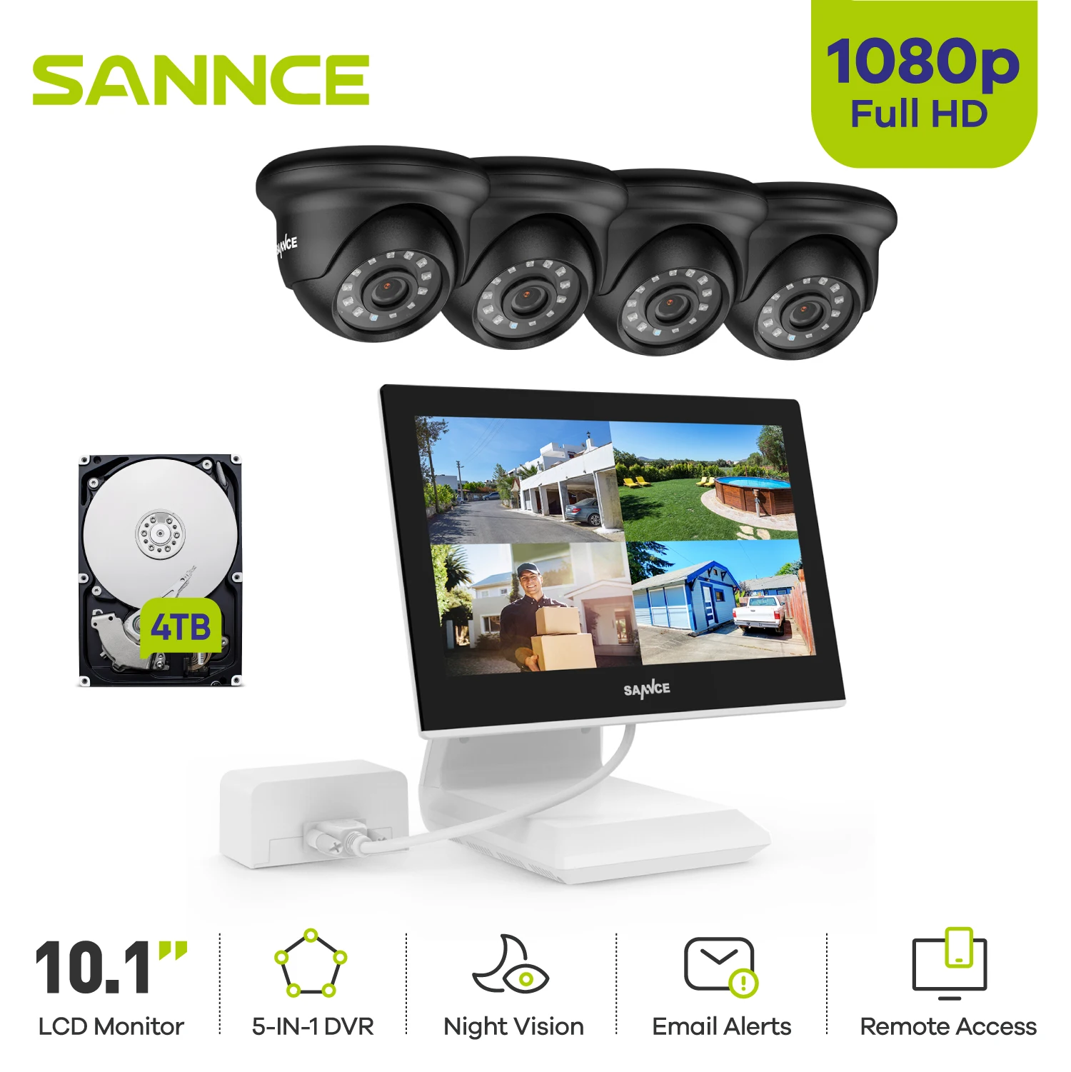 

SANNCE 10.1" LCD Video Camera Surveillance Kit 4CH DVR 1080P Security Camera IR Night Vision Waterproof Remote Monitor System