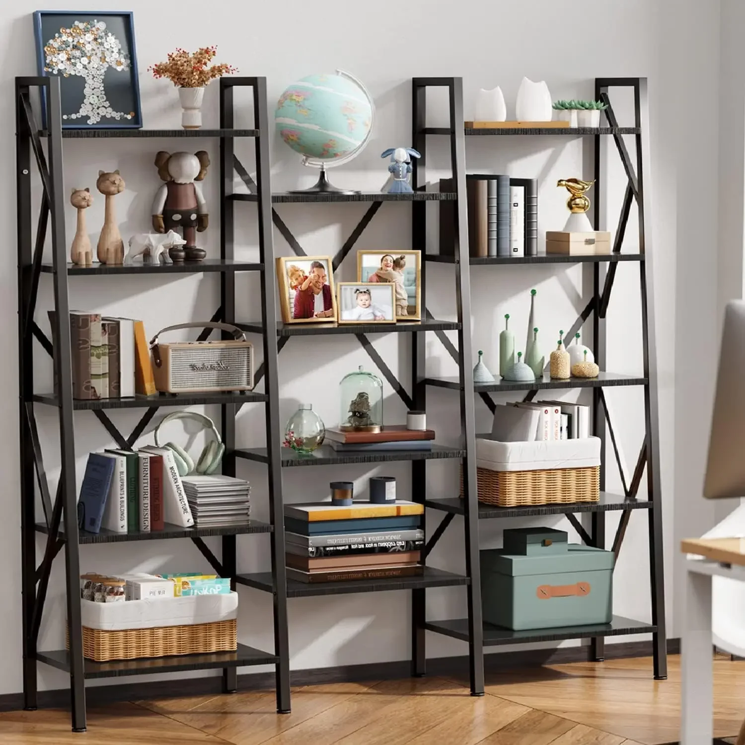 

Modern Triple Wide 5 Tiers Bookshelf with Storage,Industrial Bookcase with 14 Open Display Shelves, Large Etagere