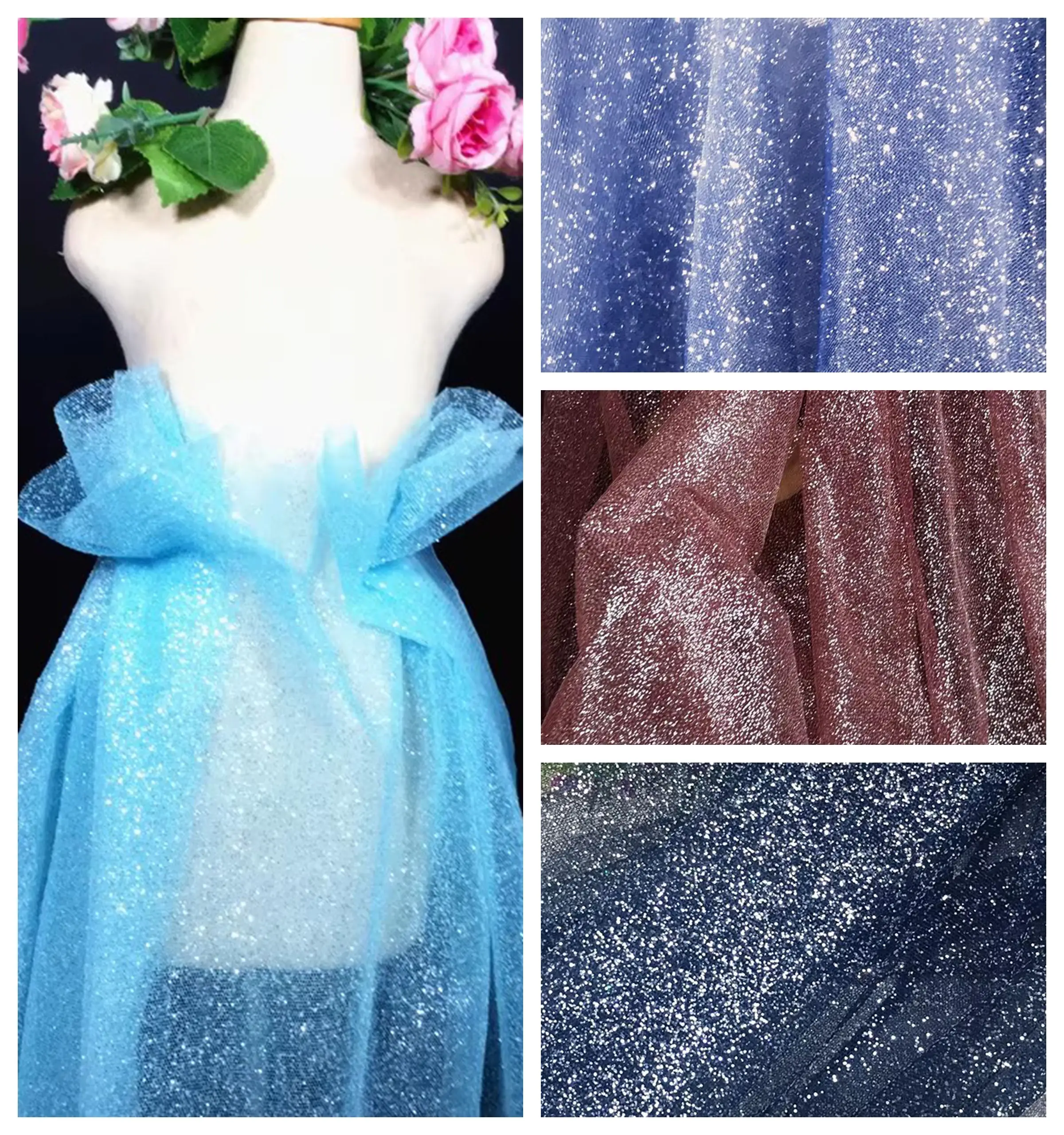 Glitzer-Mesh-Tüllstoff, Meterware für Kleidung, Hochzeit, Kleid, Hemd, Schleier, Hintergrund, DIY, Nähen, Dekoration, Stoff, Blau, Rosa