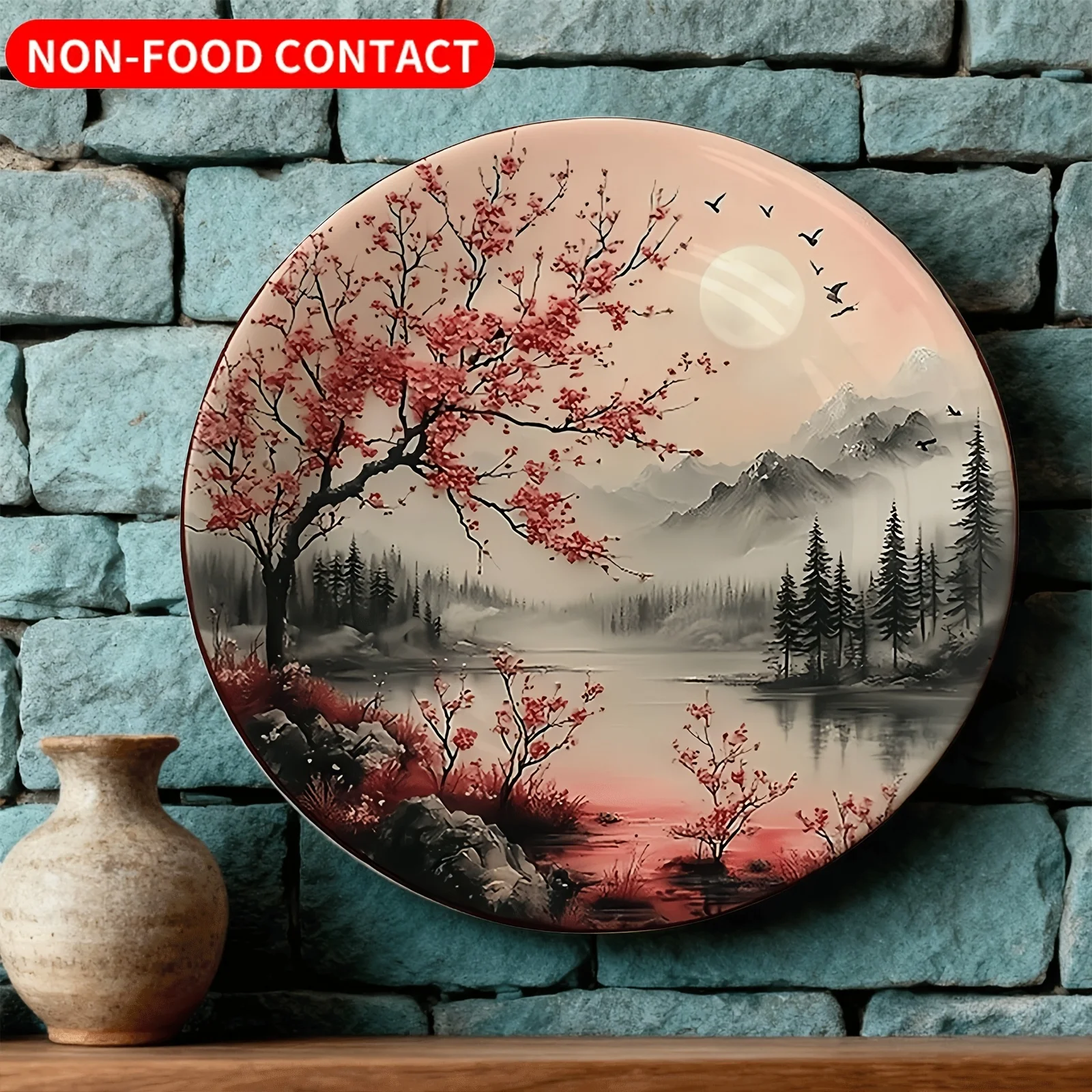 1pc Decorative Plate, Moonlight Flower Tree Mountain Water Serene Pattern, Non-Food Contact Ceramic Wall Art for Home Living