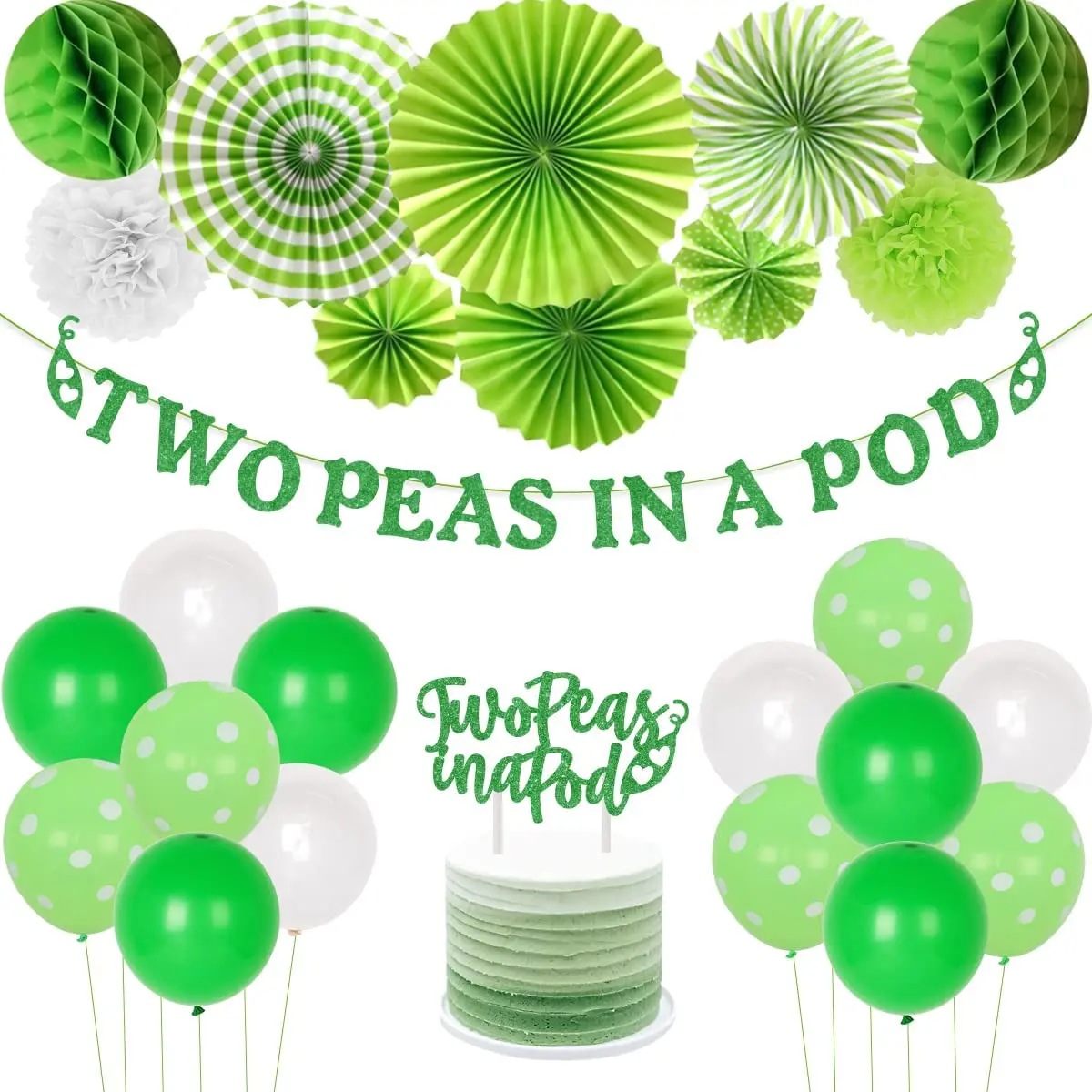 JOYMEMO Green Twins Baby Shower Decoration with Two Peas in A Pod Banner Paper Fans Flower Ball Honeycomb Ball for Baby Shower