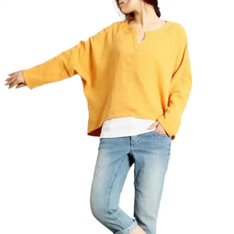 

New Spring Long Sleeve Loose Casual Tops Cotton Linen Blouse 2024 Women Autumn Batwing Sleeve T-Shirts Comfortable Brand Blouse