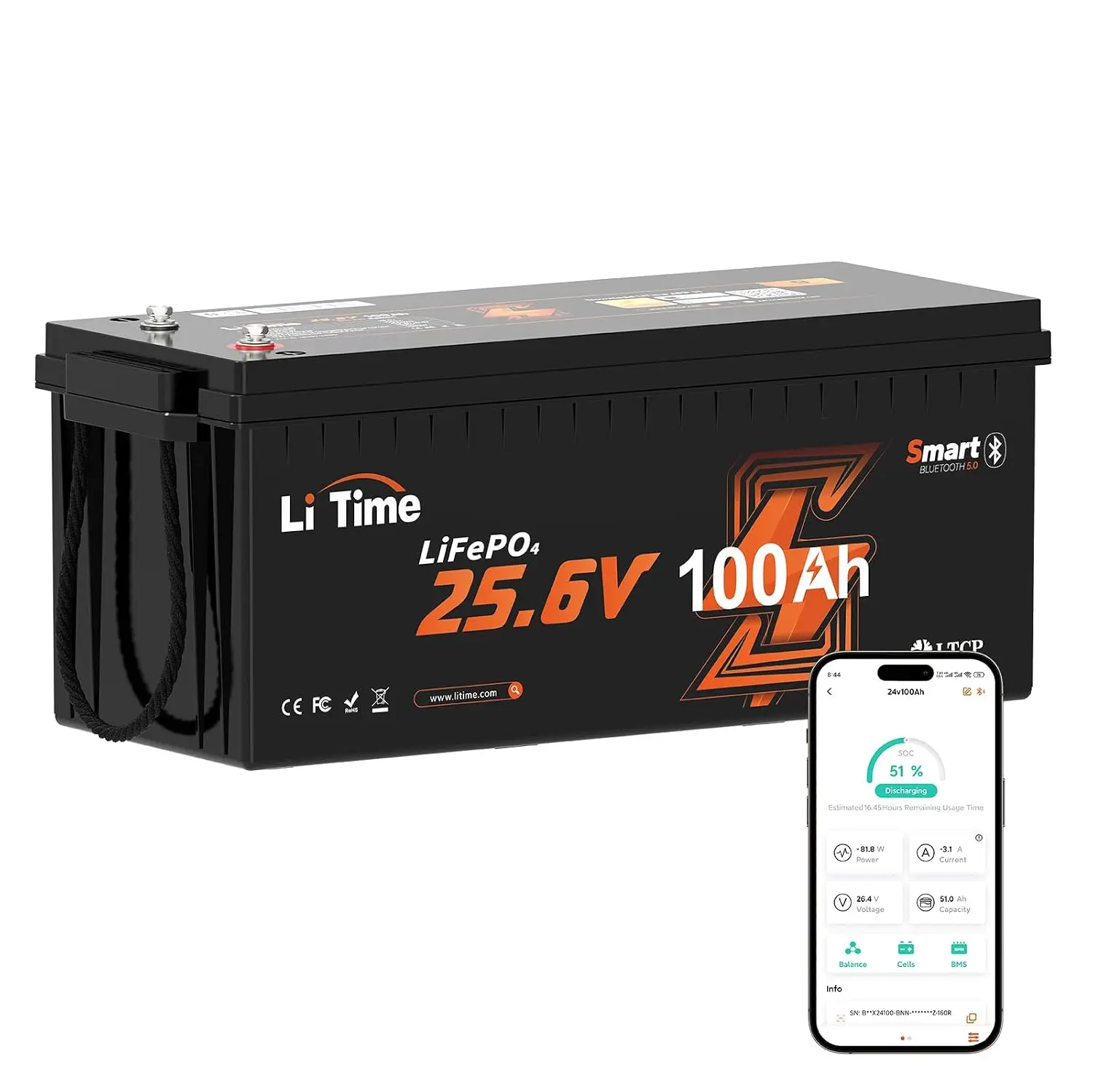 24V 100Ah Bluetooth LiFePO4 Lithium Battery for Marine, RV, Off-grid | 100A BMS, 4000+ Deep Cycles, IP65 Waterproof,, Custom