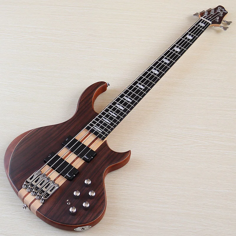 High Quality 5 String Active Electric Bass Guitar Rose Veneer/Full Zebrawood 5 Pcs Neck Through 43Inch Active&Passive Switching