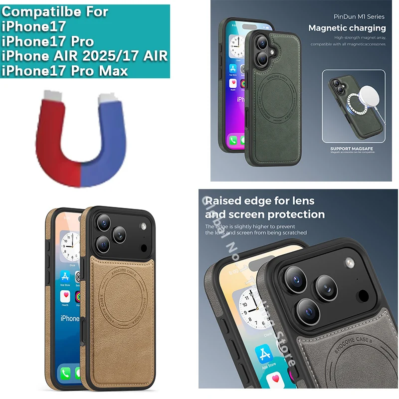 

Чехол Magsafe для iPhone 17 Pro Max/17 AIR 17 Pro, кожаный чехол с магнитной беспроводной зарядкой для телефона, защитный чехол