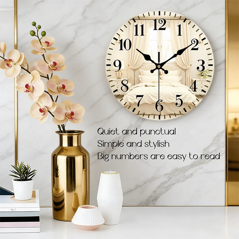 2D Flat. 1pc, Wooden Wall Clock, Bedroom Scene Pattern Decorative Clock Silent Round Timepiece, Perfect Decor for Bedroom, Living Room, Office, Kitchen, And Bathroom, 20.32/25.4/30.48/35.56 cm (AA Battery Not Included)