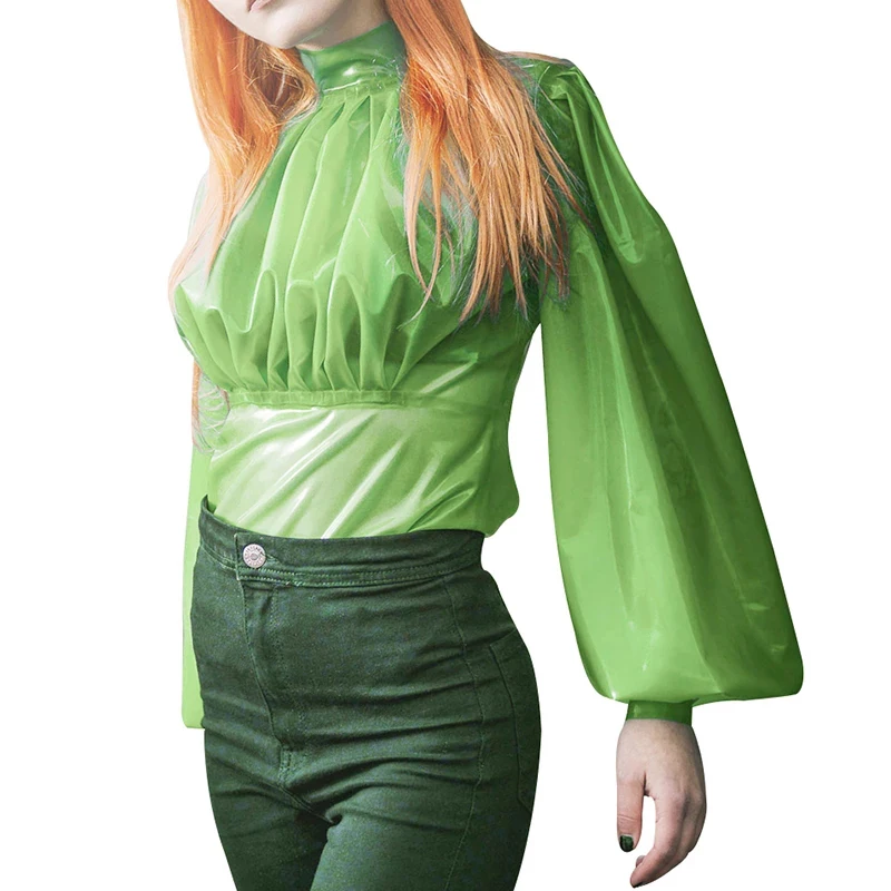 Green Sexy Latex Blouse with Puff Long Sleeves Short Rubber Shirt for Women