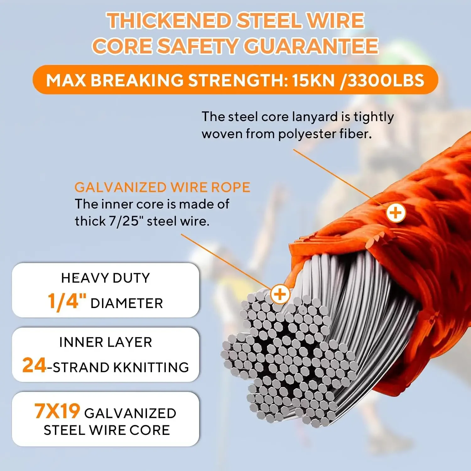 12ft Steel Wire Core Flipline, 3300Lbs Arborist Positioning Lanyard Kit | 1/2