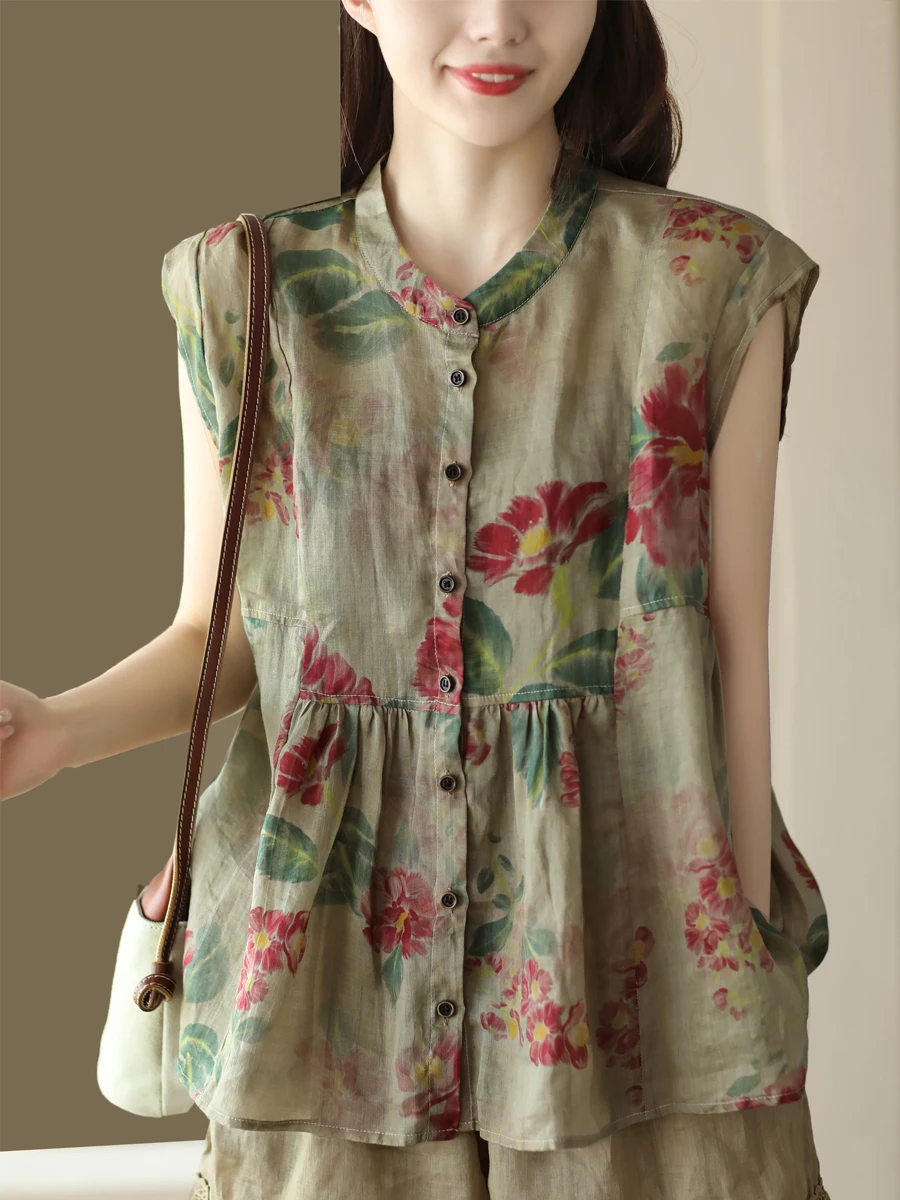Été Vintage imprimé lin irt femmes polyvalent Agel Personali Ba sangle poupée irt Svel haut à la mode bouton fermeture