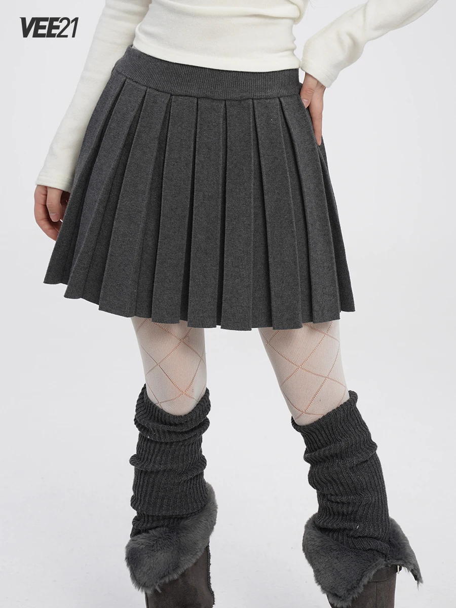 

Вязаная плиссированная юбка Vee2, утепленная версия, в стиле колледж, для повседневной носки, юбка средней длины