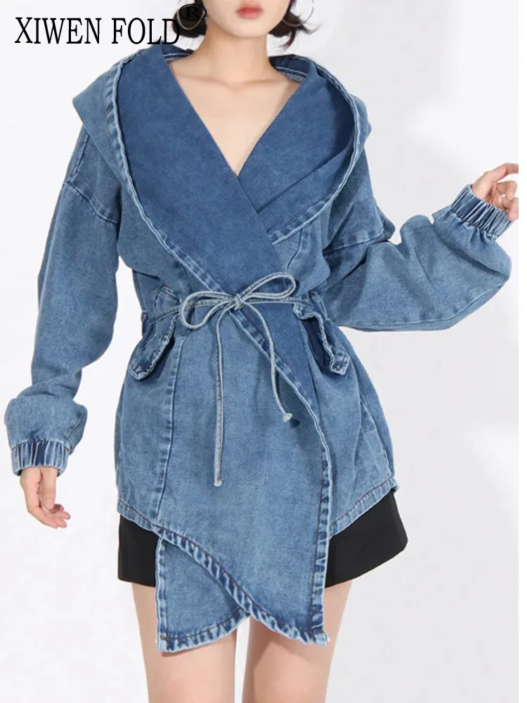 XIWEN Style 2024 Spring New V-neck With A Small And Unique Design Sense Lace Up Irregular Denim Coat For Women's XF1450