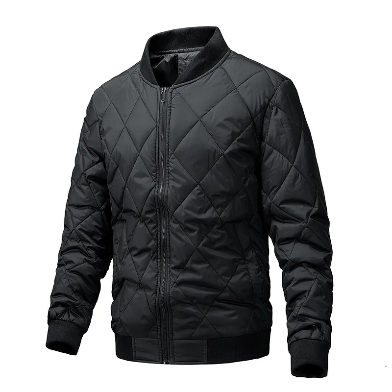 

Winter New Versatile Solid Color Men Baseball Collar Jacket Fashion Diamond Grid Male Casual Cotton Coat