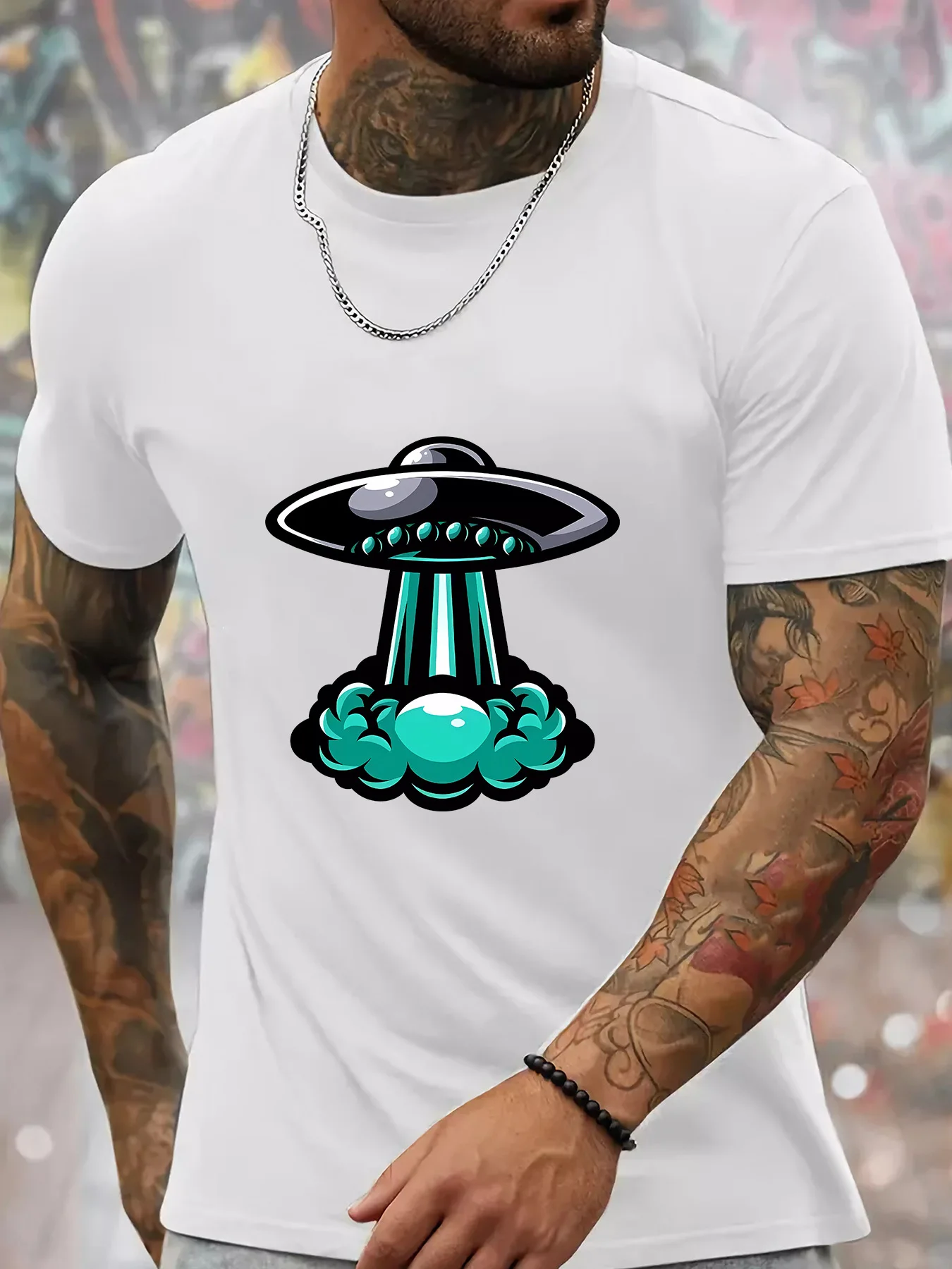 Cartoon UFO Spaceship Graphic Mens Crew Neck T Shirt Alien Flying Saucer Print Short Sleeve Casual Cotton Streetwear Daily Tee