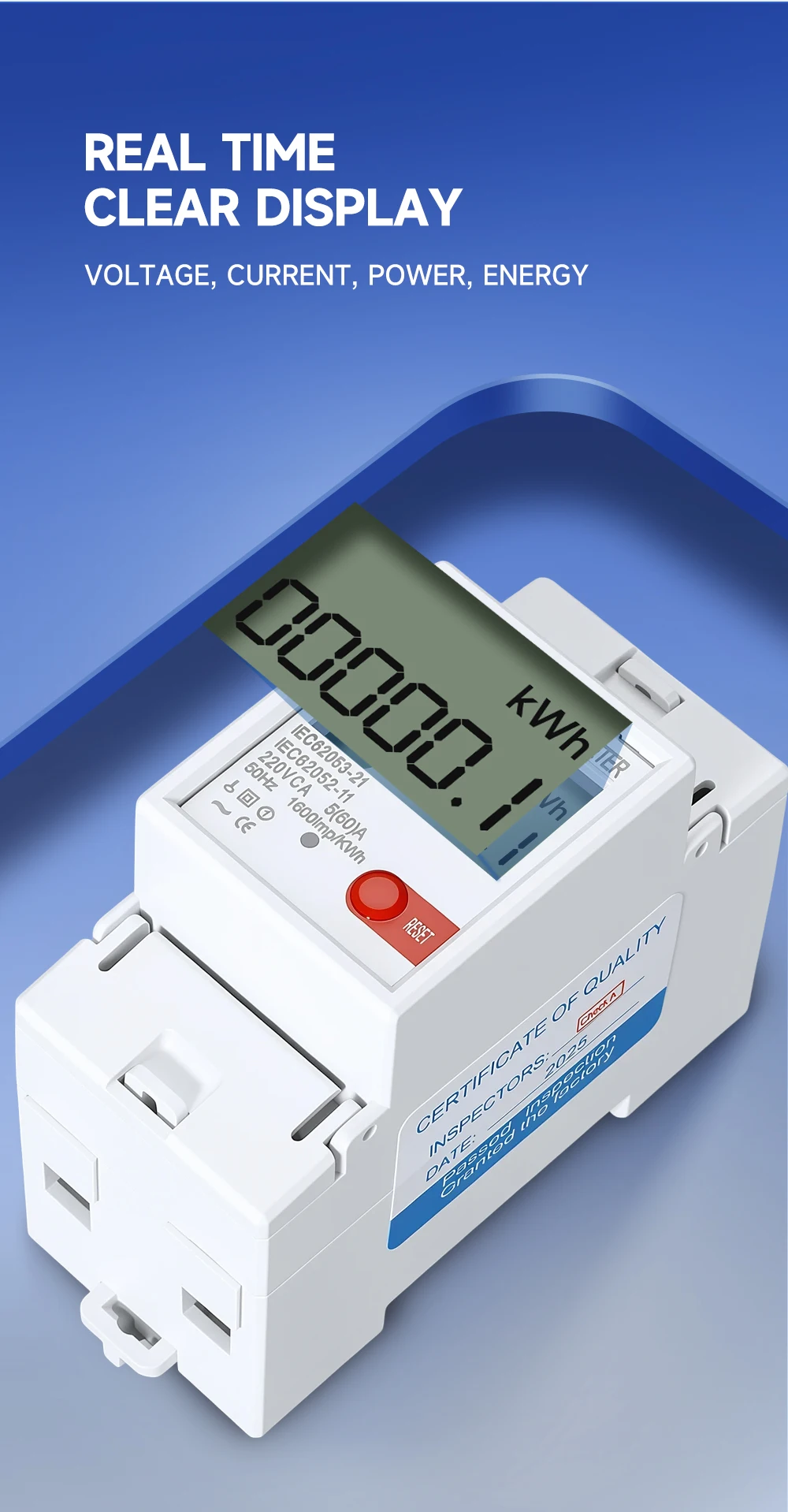 LCD-Anzeige kWh-Zähler 220V 5(60)A Energiezähler kWh 50Hz AC Digitaler Energiezähler Rücksetzen auf Null Energiezähler Haushaltsenergie – Detail 4