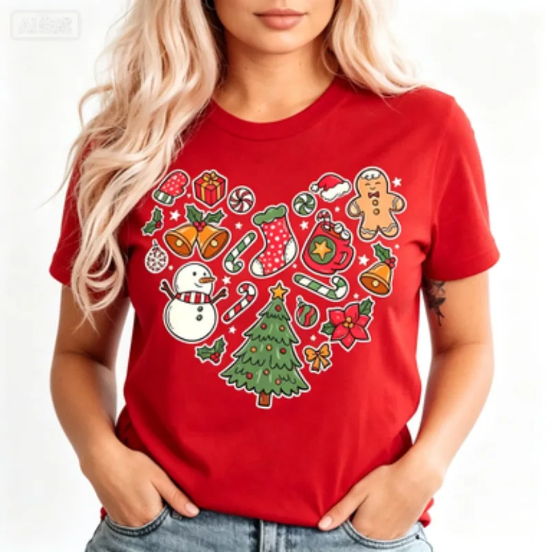 Women Round‑neck Cotton T‑Shirt Heart‑shaped Christmas Element Graphic Print Holiday Casual Short‑sleeve Ladies Tops