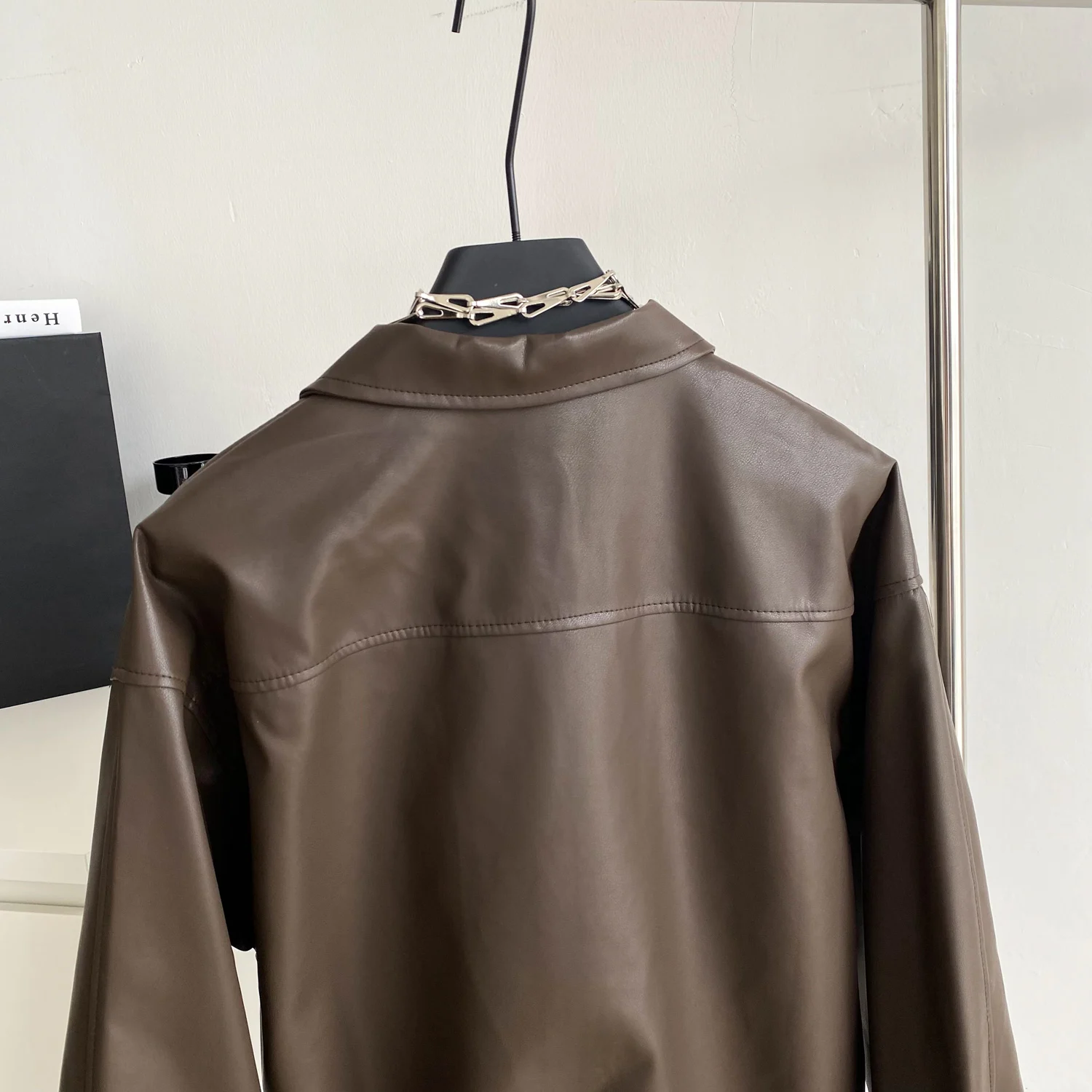 Retro Plaid Splicing Leather Jacket Women's Autumn Winter Turn Down Collar Loose Zipper PU Coats Drawstring Motorcycle Outerwear