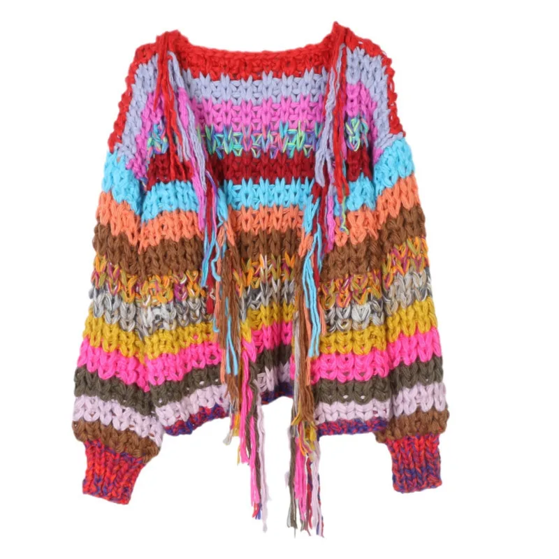 [MODX] Lazy Style Sweater Women's Cardigan Rainbow Contrasting Color  Winter New Style Long Sleeved Knitted Jacket Thick