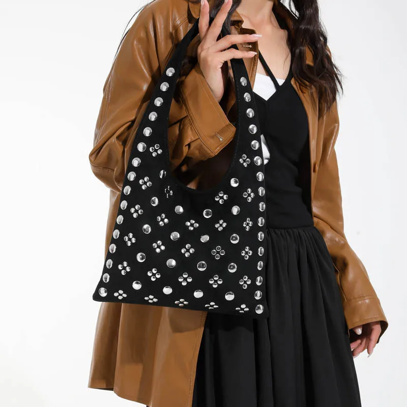 

Сумка-ведро с шипами в горошек, винтажный кошелек для подмышек для женщин, сумка-тоут с верхней ручкой в стиле ретро, острая сумка через плечо, модная сумка ​