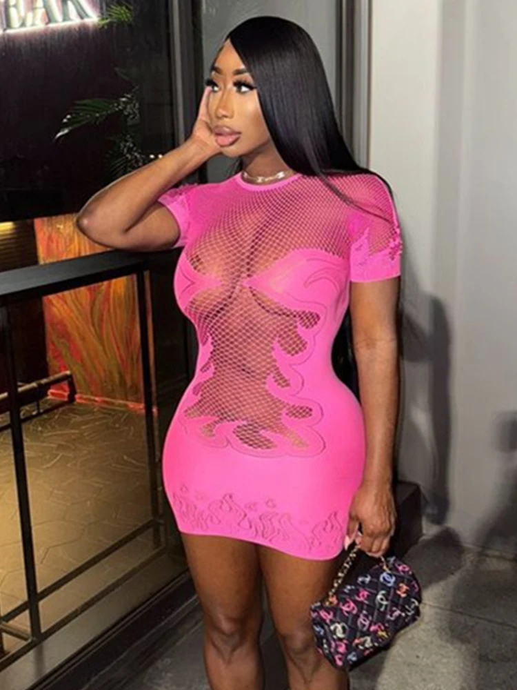 Weird Puss Sexy See Through Dress Women Flame Patchwork Print o-Neck Short Sleeve Hottie Skinny Peach Hip Street Hipster Outfits