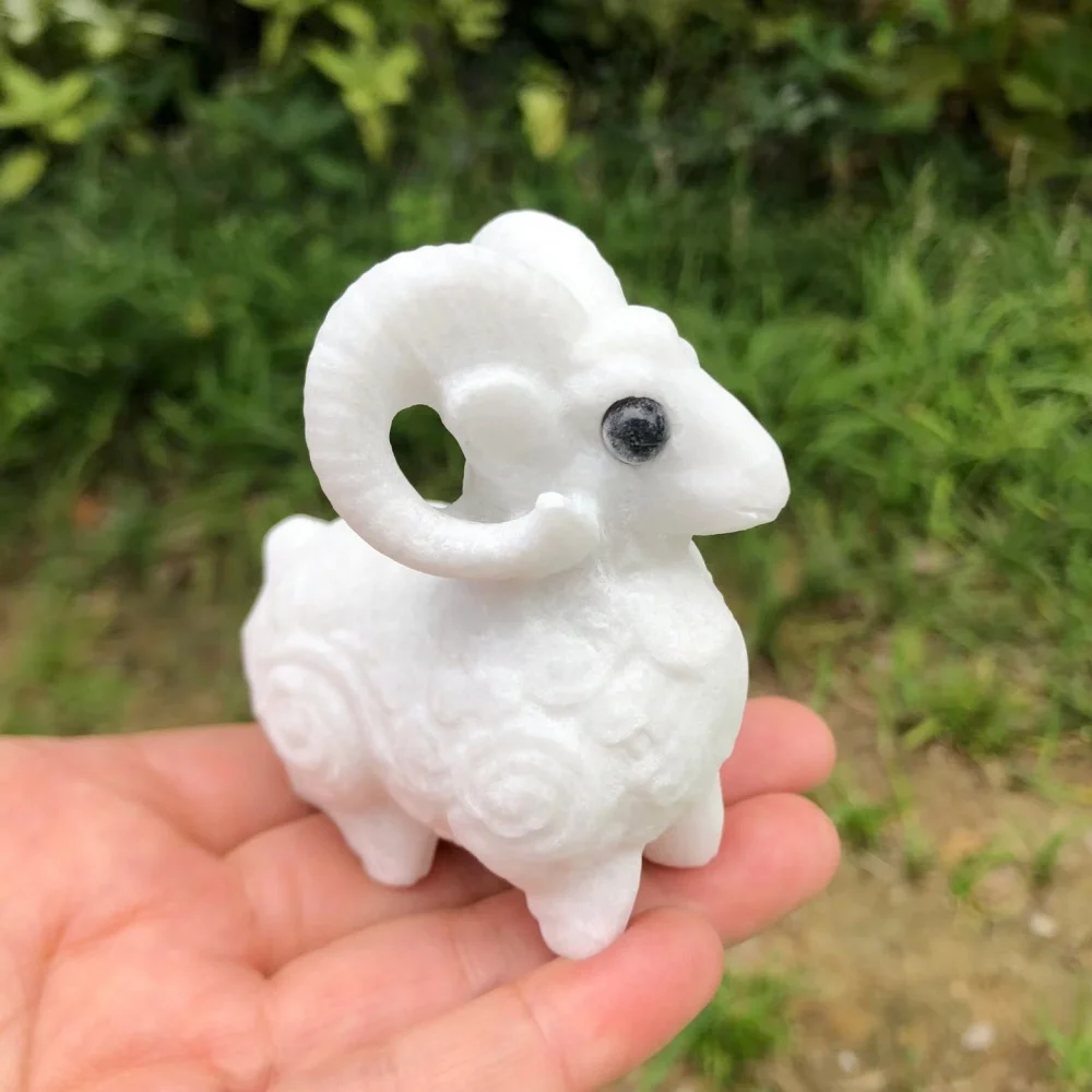 6.9cm Natural White Jade Cute Sheep Ram Carving Statue Curly Horn Zodiac Animal Crystal Figurine Home Desktop Decor Ornament