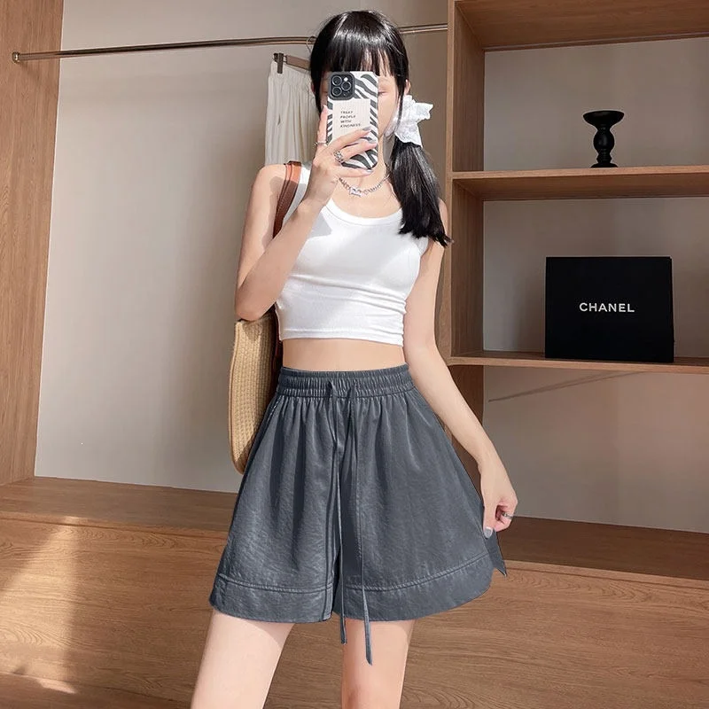 Vintage Workwear Casual Shorts for Women with Drawstring High Waist Slimming Loose Side Slit Wide Leg Pants
