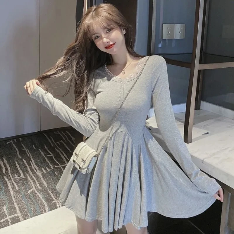 Hdspq Sexy Drawstring Waist Mini Dresses Woman Autumn Winter New Square Neck Dress Women Long Sleeve Pleated High Waist Dress