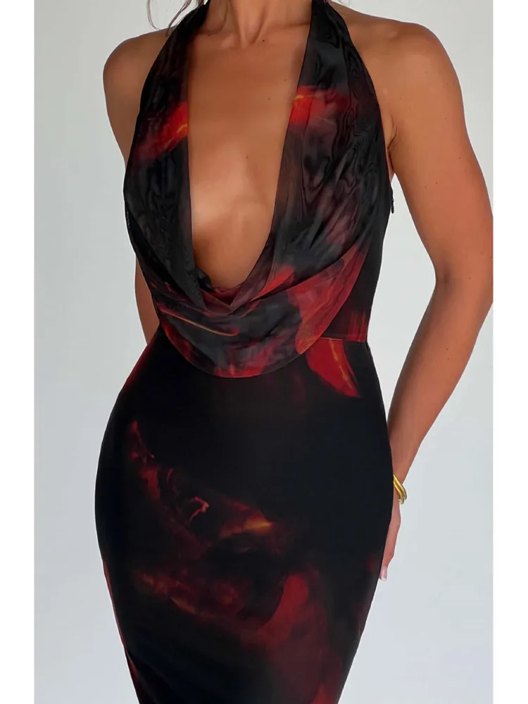 

Articat Sexy Sleeveless Deep V Printed Evening Dress For Women 2024Summer Hanging Collar Backless Dress Long Dress Holiday Party